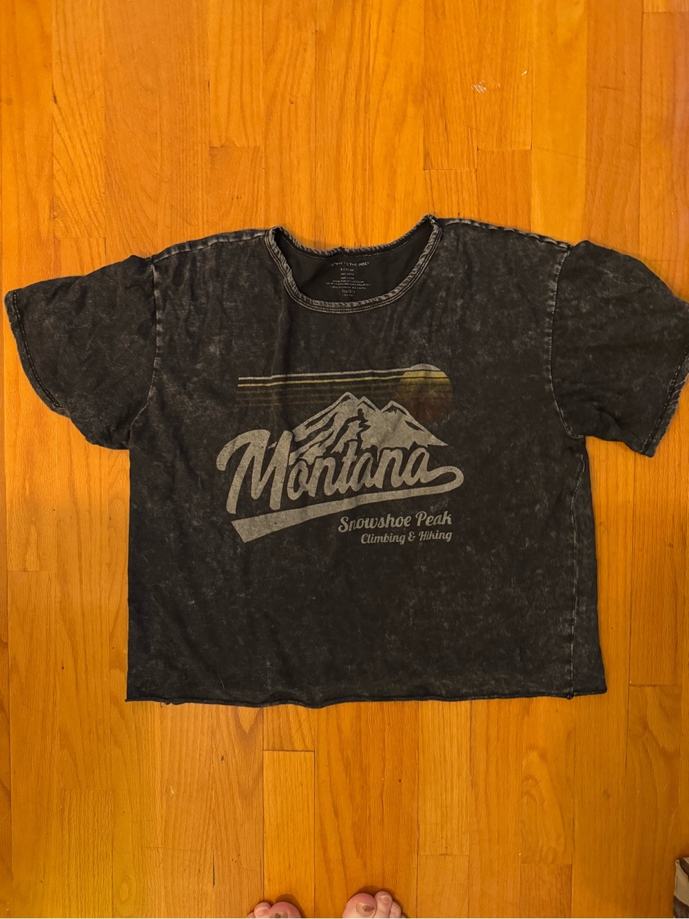 Caution To The Wind Washed Black Crop Tee with Faded Mountain Graphic